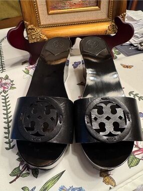 Tory Burch Black Leather Logo Slide Mules with Cutout Emblem